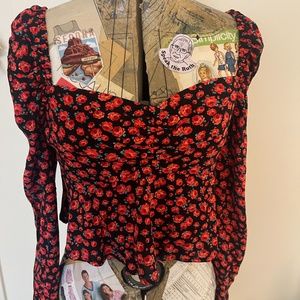 Mi Ami Red Rose Print Off the Shoulder Peplum Blouse